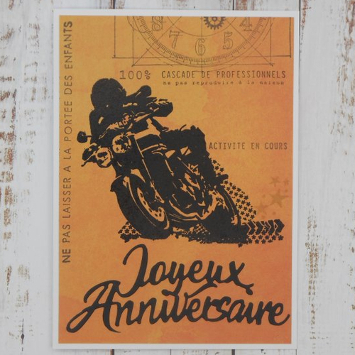 Carte anniversaire masculine homme motard moto noir et orange fait main