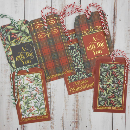12 étiquettes cadeau de noël rouge et vert baies d'hiver et tissu écossais