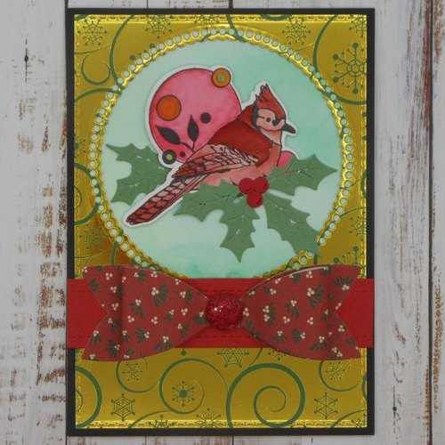 Carte de voeux oiseau cardinal noeud rouge or vert noël fêtes de fin d'année fait main
