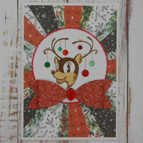 Carte de voeux cerf renne rétro noeud rouge et vert noël fêtes de fin d'année fait main