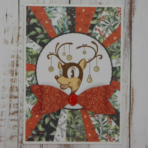 Carte de voeux cerf renne rétro noeud rouge vert blanc et or noël fêtes de fin d'année fait main