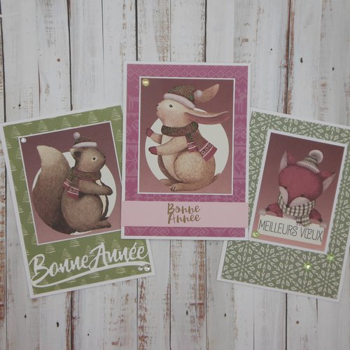 Lot de 3 cartes de voeux bonne année écureuil lapin renard n°5