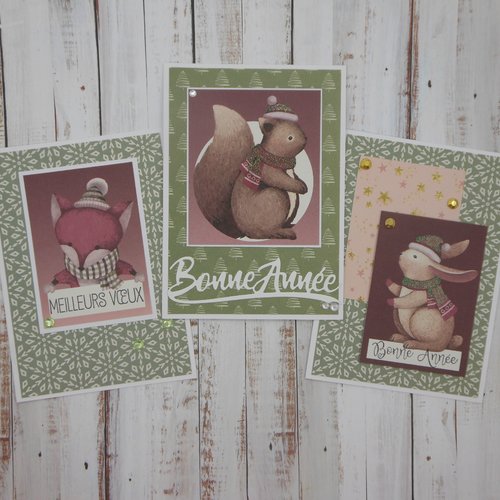 Lot de 3 cartes de voeux bonne année renard écureuil lapin n°4