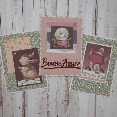 Lot de 3 cartes de voeux bonne année lapin boule à neige renard n°3