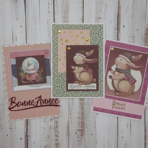 Lot de 3 cartes de voeux bonne année boule à neige lapin vert lapin rose n°2