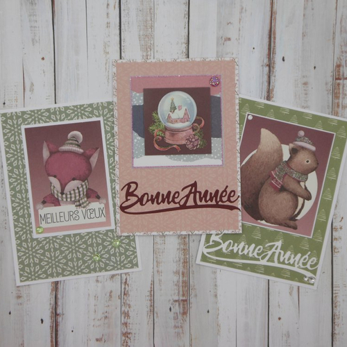 Lot de 3 cartes de voeux bonne année renard boule à neige écureuil n°1