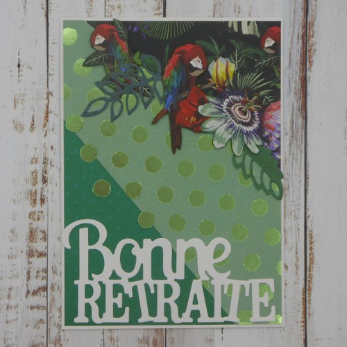 Carte bonne retraite ambiance tropicale perroquet rouge fond vert pois foil fait main