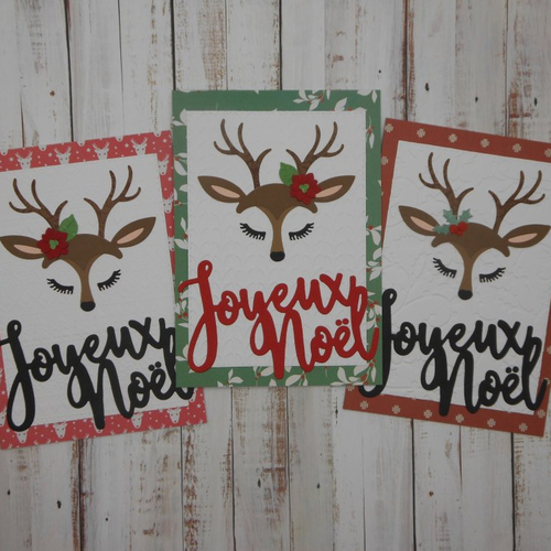 Lot de 3 cartes de voeux joyeux noël renne sur fond blanc gaufré aux motifs de saison rouge vert fait main