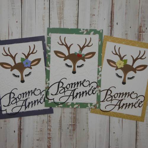 Lot de 3 cartes de voeux bonne année rennes sur fond blanc embossé aux motifs de saison fait main