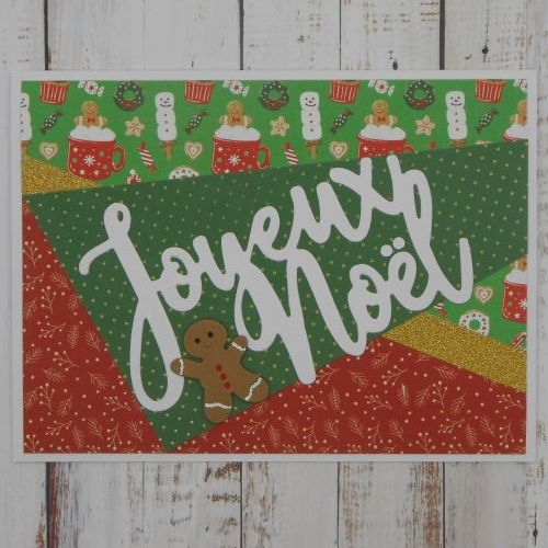Carte de voeux joyeux noël gourmandise et bonhomme pain d'épices boutons rouges fait main