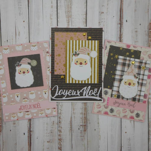 Lot de 3 cartes de voeux père noël joyeux tons de rose or et noir