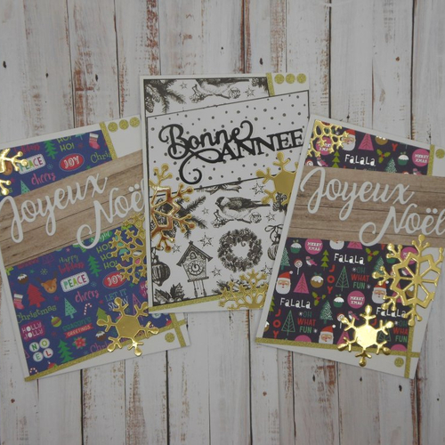 Lot de 3 cartes de voeux 2 joyeux noël et 1 bonne année flocons or fait main