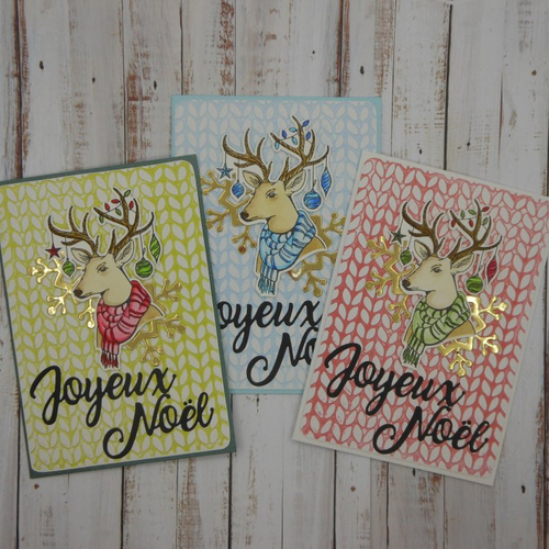 Lot de 3 cartes de voeux rennes sur fond embossé motif tricot fait main
