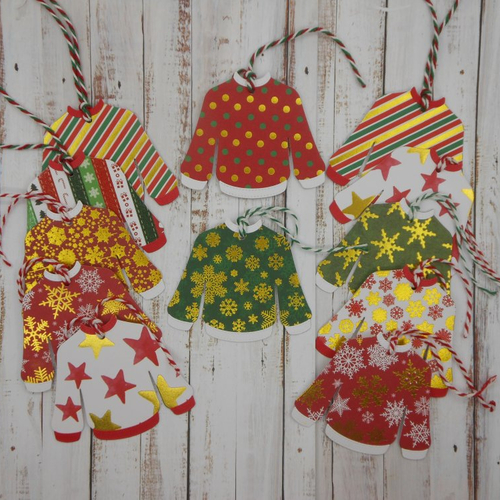 Lot de 12 étiquettes cadeau pull moche de noël vert rouge foil or ficelle twin assortie sans inscription au dos fait main