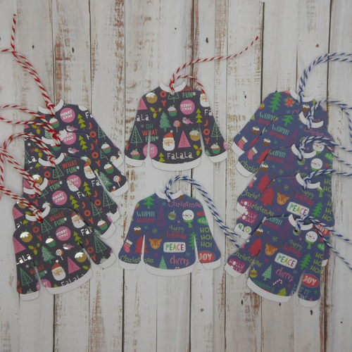 Lot de 12 étiquettes cadeau pull moche les mots de noël  ficelle twin assortie sans inscription au dos fait main