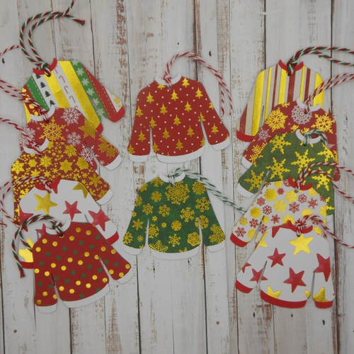 Lot de 12 étiquettes cadeau pull moche de noël vert rouge foil or 1 ficelle twin assortie sans inscription au dos fait main