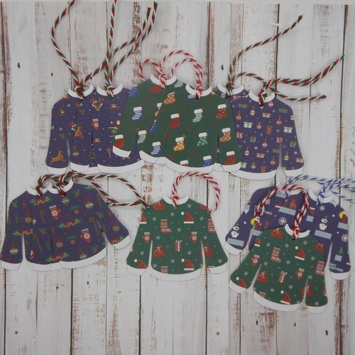 Lot de 12 étiquettes cadeau pull moche noël pixels ficelle twin assortie sans inscription au dos fait main