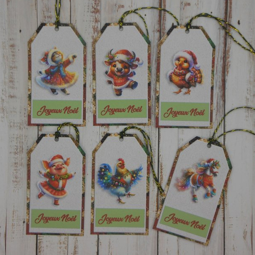 6 étiquettes cadeau de noël joyeux animaux 8