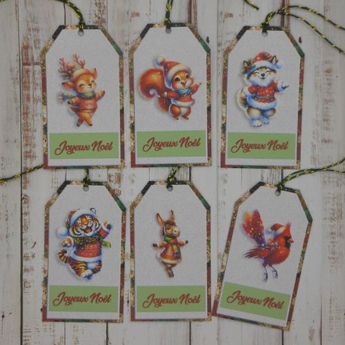 6 étiquettes cadeau de noël joyeux animaux