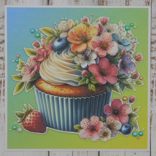 Carte toute occasion 15 x 15 cupcake fleuri fond bleu vert jaune fait main