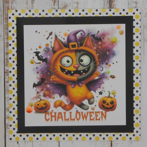 Carte chat halloween face bicolore fond noir et jaune fait main
