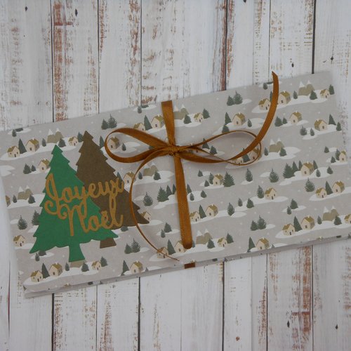 Pochette cadeau de noël billet, chèque, place de spectacle sapins vert et marron fait main