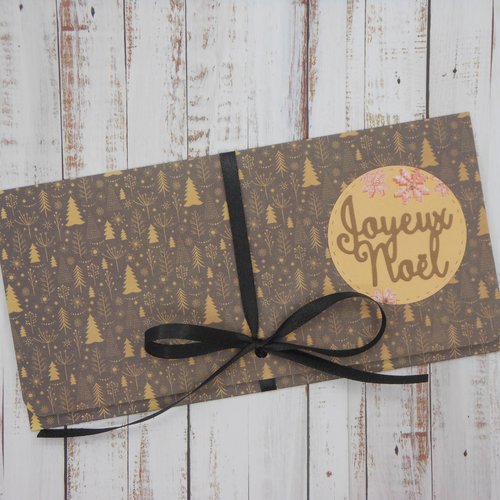 Pochette cadeau de noël billet, chèque, place de spectacle sapins noir orangé fait main