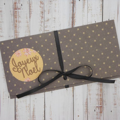 Pochette cadeau de noël billet, chèque, place de spectacle flocons noir orangé fait main