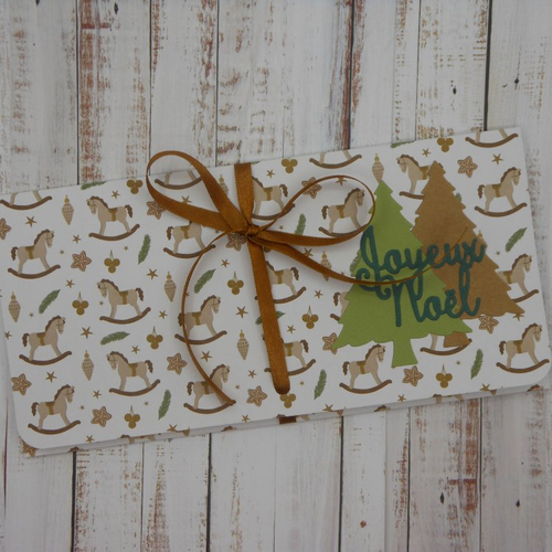 Pochette cadeau de noël billet, chèque, place de spectacle cheval à bascule vert marron fait main