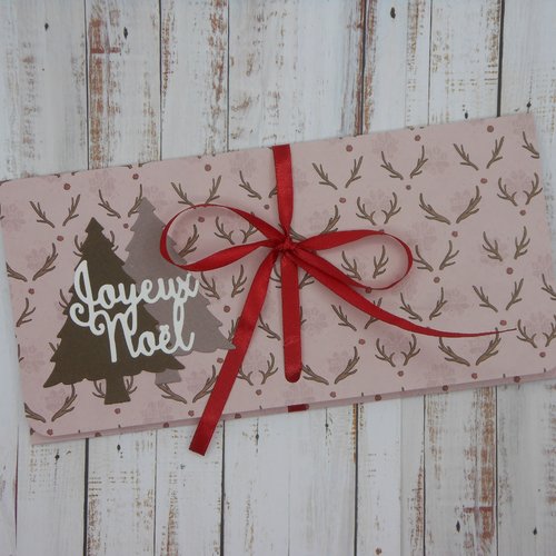 Pochette cadeau de noël billet, chèque, place de spectacle bois de renne sur fond rose fait main
