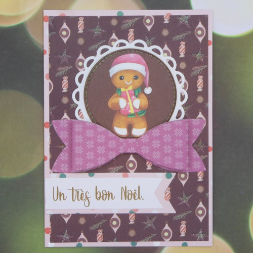 Carte bonhomme pain d'épices de noël et noeud rose fait main