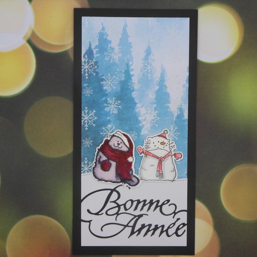 Carte de voeux 21 x 10,5 chat et bonhomme de neige bonne année rouge foncé et rose fait main