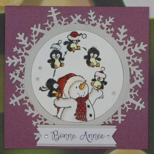 Carte de voeux bonne année bonhomme de neige jongleur prune fait main