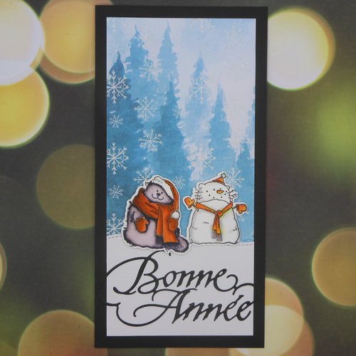 Carte de voeux 21 x 10,5 chat et bonhomme de neige bonne année orangé fait main