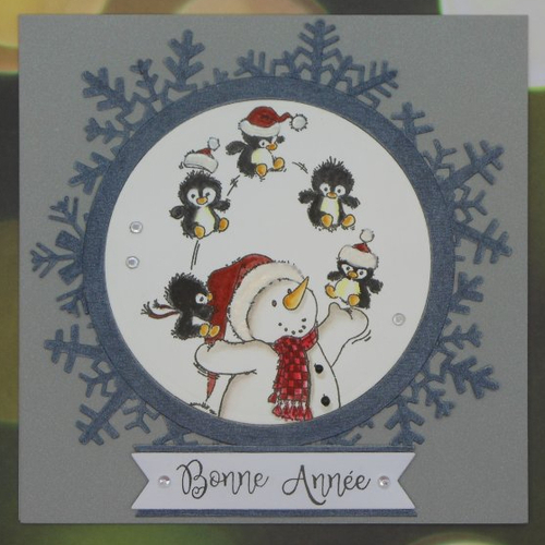 Carte de voeux bonhomme de neige jongleur bonne année gris clair fait main