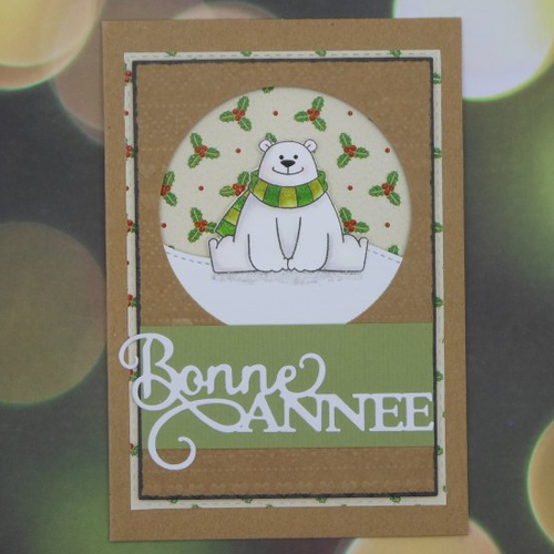 Carte de voeux bonne année ours assis kraft écharpe verte fait main