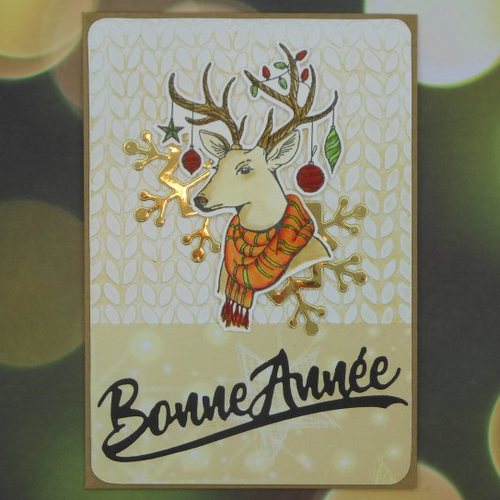 Carte de voeux bonne année renne sur fond embossé motif tricot or kraft fait main