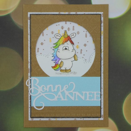 Carte de voeux bonne année licorne kraft et bleu fait main