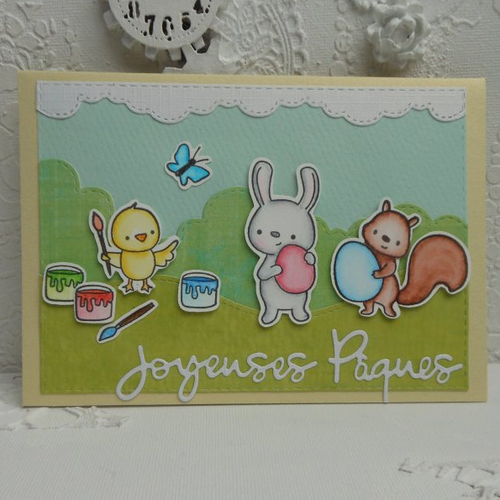 Carte joyeuses pâques poussin lapin écureuil multicolore fait main