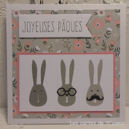 Carte joyeuses pâques trio de lapins gris fait main