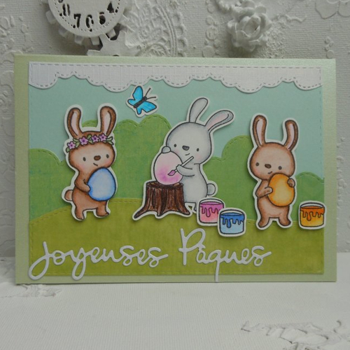 Carte joyeuses pâques 3 lapins 3 oeufs  multicolore fait main