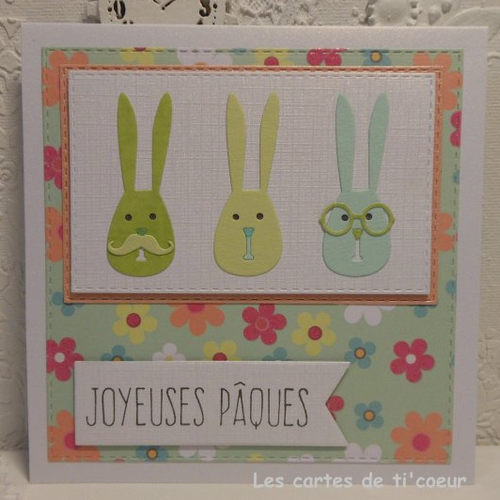 Carte joyeuses pâques trio de lapins verts fait main