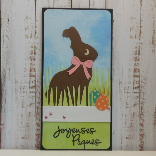 Carte joyeuses pâques 21,5 x 10,5 lapin en chocolat oreille croquée noeud rose fait main