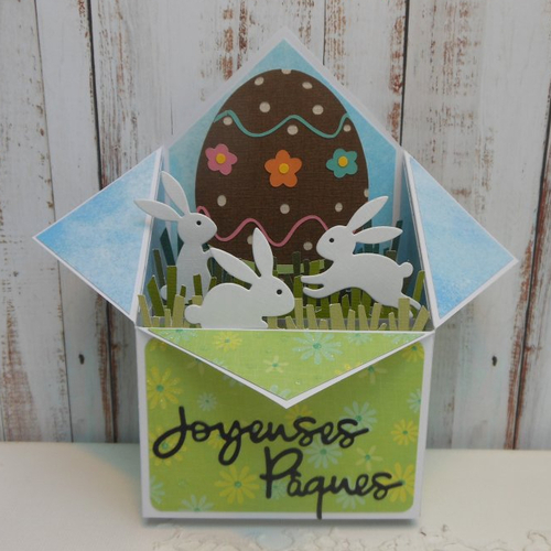 Carte joyeuses pâques pop-up boîte 3d oeuf en chocolat et lapins blanc fait main