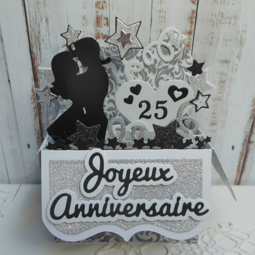 Carte anniversaire 25 ans mariage pop up boîte 3d argent blanc gris fait main