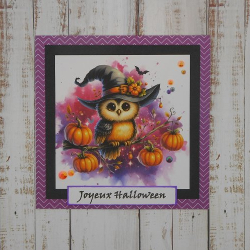 Carte joyeux halloween chouette et citrouille multicolore fait main