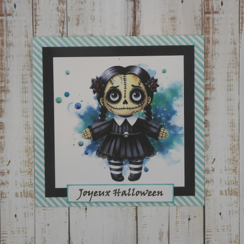 Carte joyeux halloween poupée mercredi noir et turquoise fait main