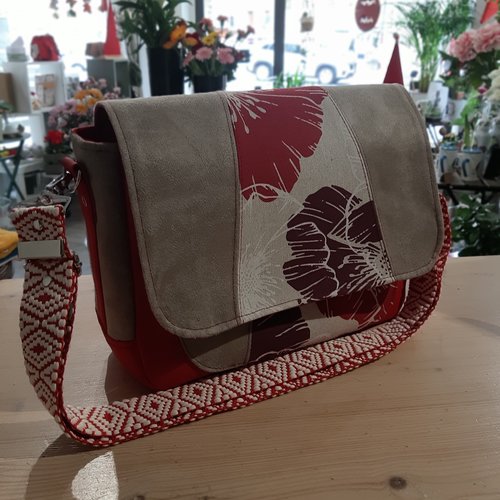 Sac besace suedine, simili cuir et tissu coton