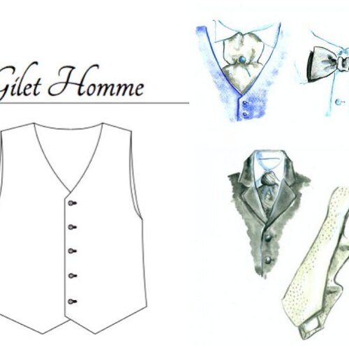 Set élégance pour homme: gilet, lavallière, noeud papillon et cravate, patrons de cérémonie, cortège, mariage, communion, anniversaire