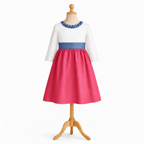 Fleur d'oranger, 2/4/6 ans patron taille haute, col frou-frou, manches trois-quart, cortège, communion, demoiselle d'honneur